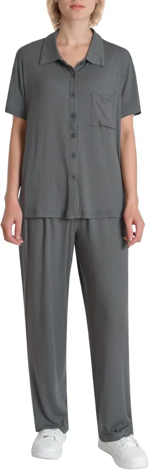 Women's Petite Length Lounge Set 2 Piece Outfits Button Down