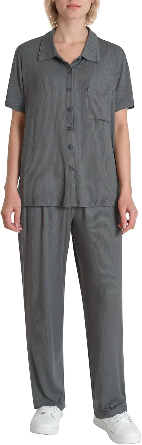 Women's Petite Length Lounge Set 2 Piece Outfits Button Down