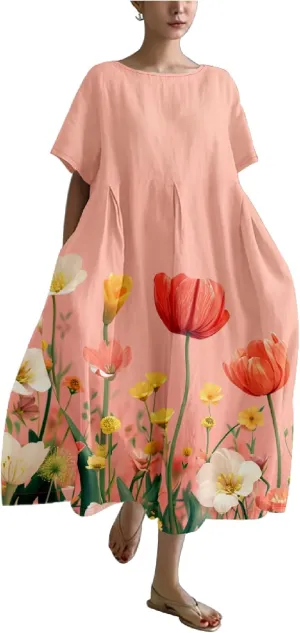 Womens Plus Size Long Dress Boho Print Short Sleeve Maxi Dresses Trendy Casual Loose Long Dress with Pockets