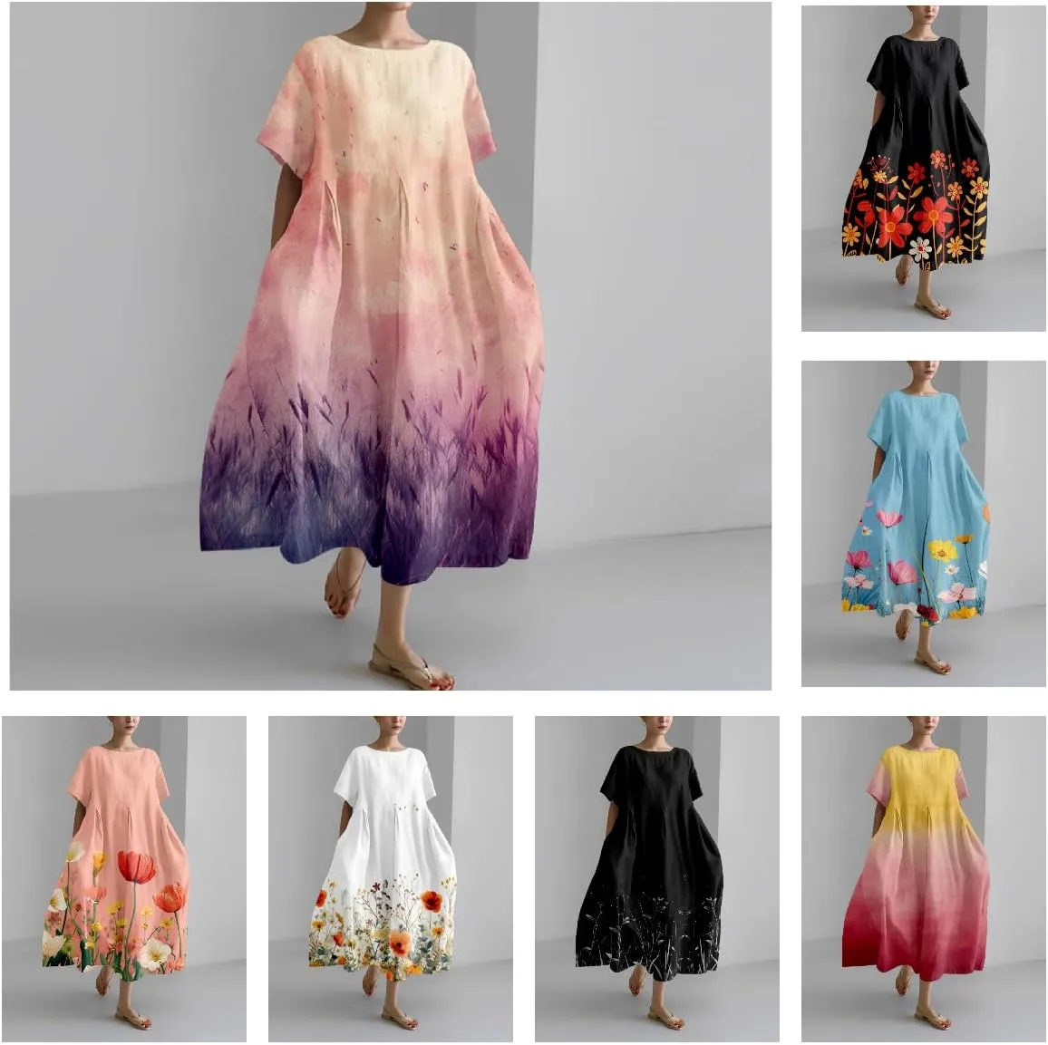 Womens Plus Size Long Dress Boho Print Short Sleeve Maxi Dresses Trendy Casual Loose Long Dress with Pockets