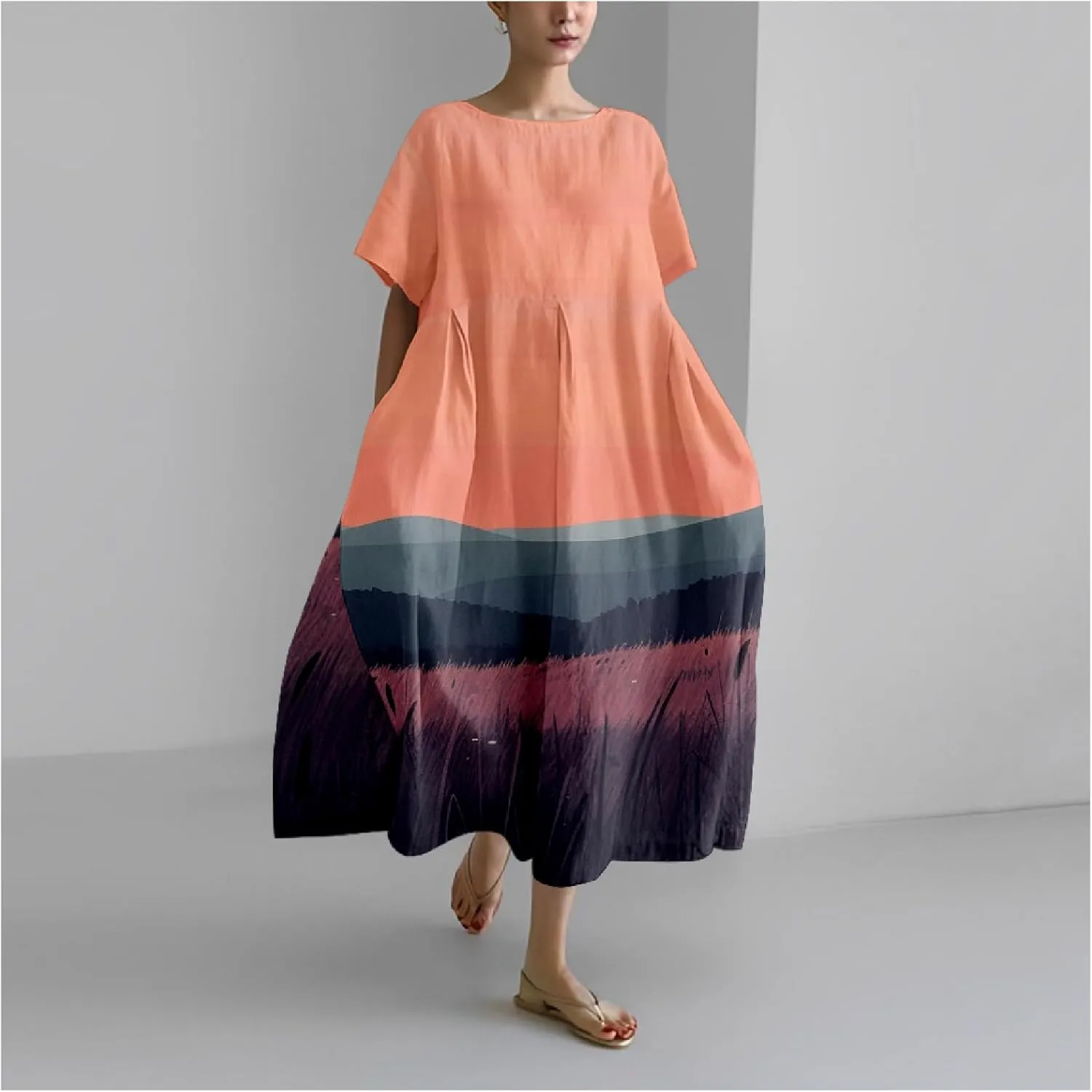 Womens Plus Size Long Dress Boho Print Short Sleeve Maxi Dresses Trendy Casual Loose Long Dress with Pockets