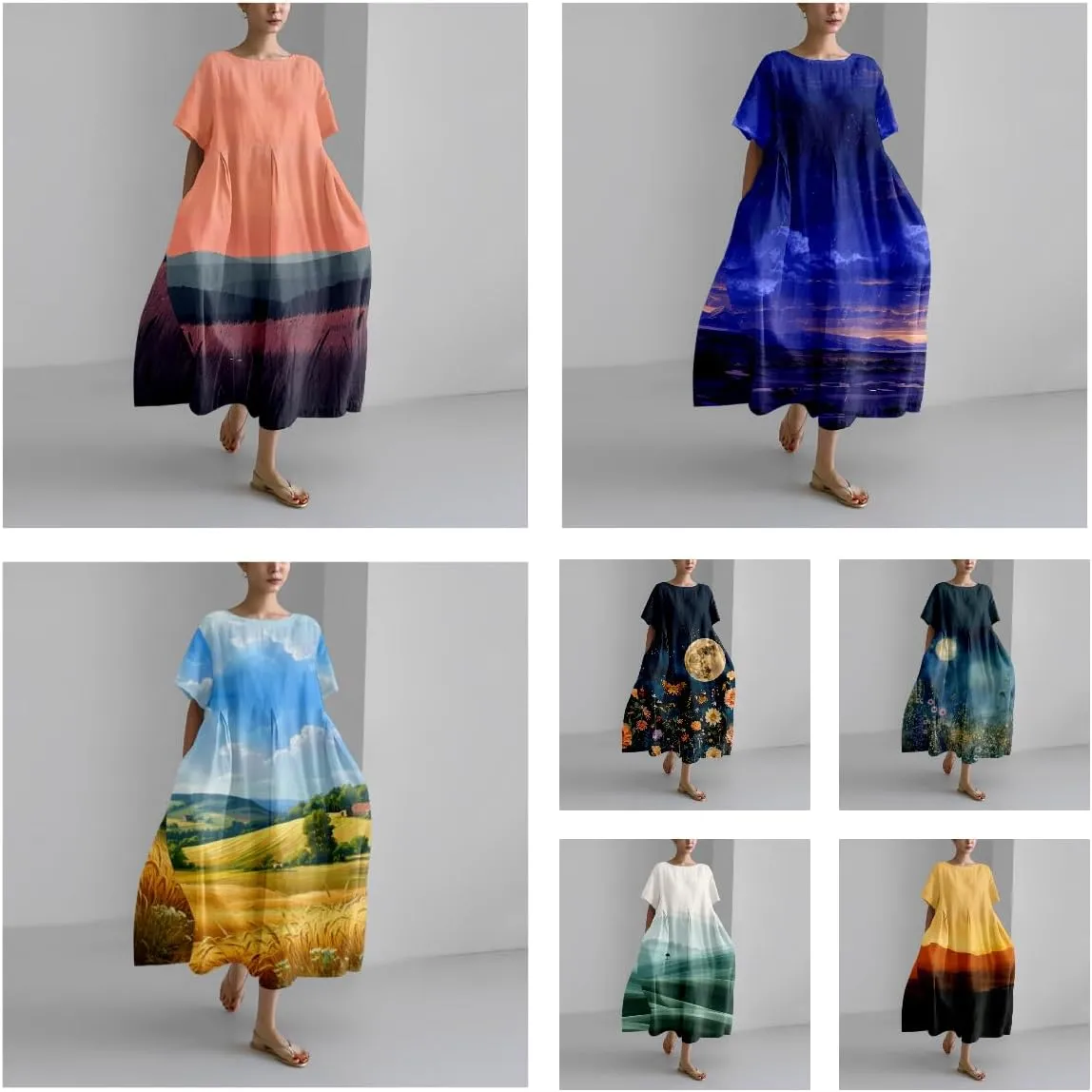 Womens Plus Size Long Dress Boho Print Short Sleeve Maxi Dresses Trendy Casual Loose Long Dress with Pockets