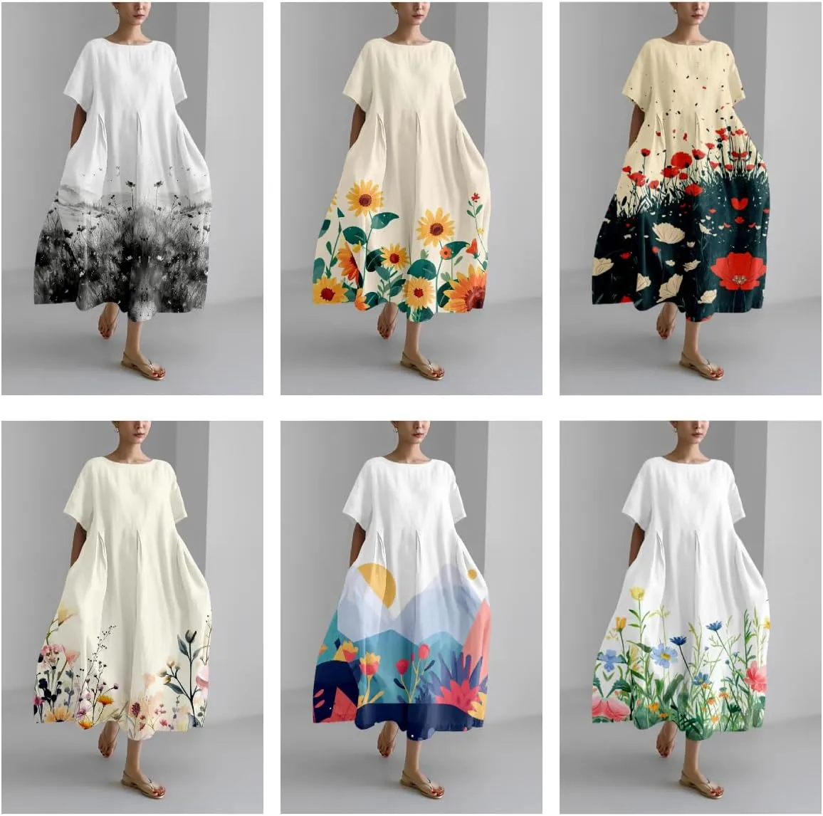 Womens Plus Size Long Dress Boho Print Short Sleeve Maxi Dresses Trendy Casual Loose Long Dress with Pockets