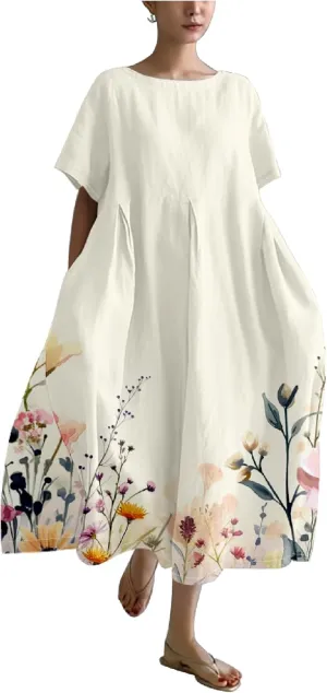 Womens Plus Size Long Dress Boho Print Short Sleeve Maxi Dresses Trendy Casual Loose Long Dress with Pockets