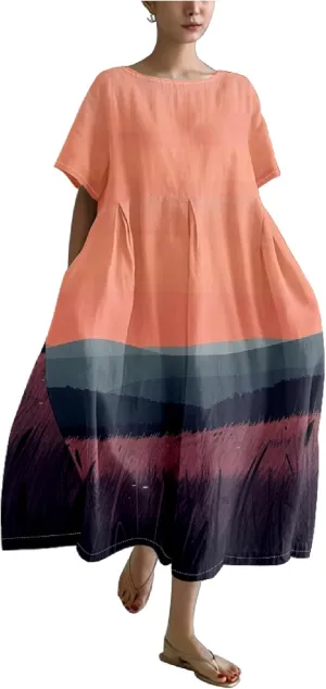 Womens Plus Size Long Dress Boho Print Short Sleeve Maxi Dresses Trendy Casual Loose Long Dress with Pockets