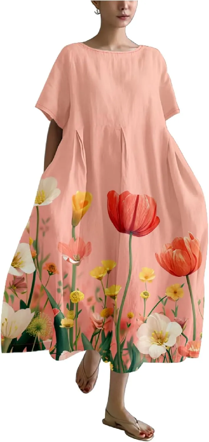 Womens Plus Size Long Dress Boho Print Short Sleeve Maxi Dresses Trendy Casual Loose Long Dress with Pockets