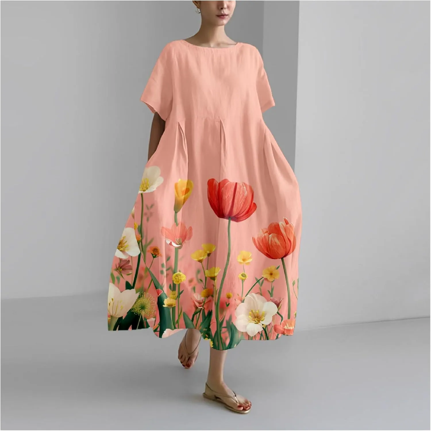 Womens Plus Size Long Dress Boho Print Short Sleeve Maxi Dresses Trendy Casual Loose Long Dress with Pockets