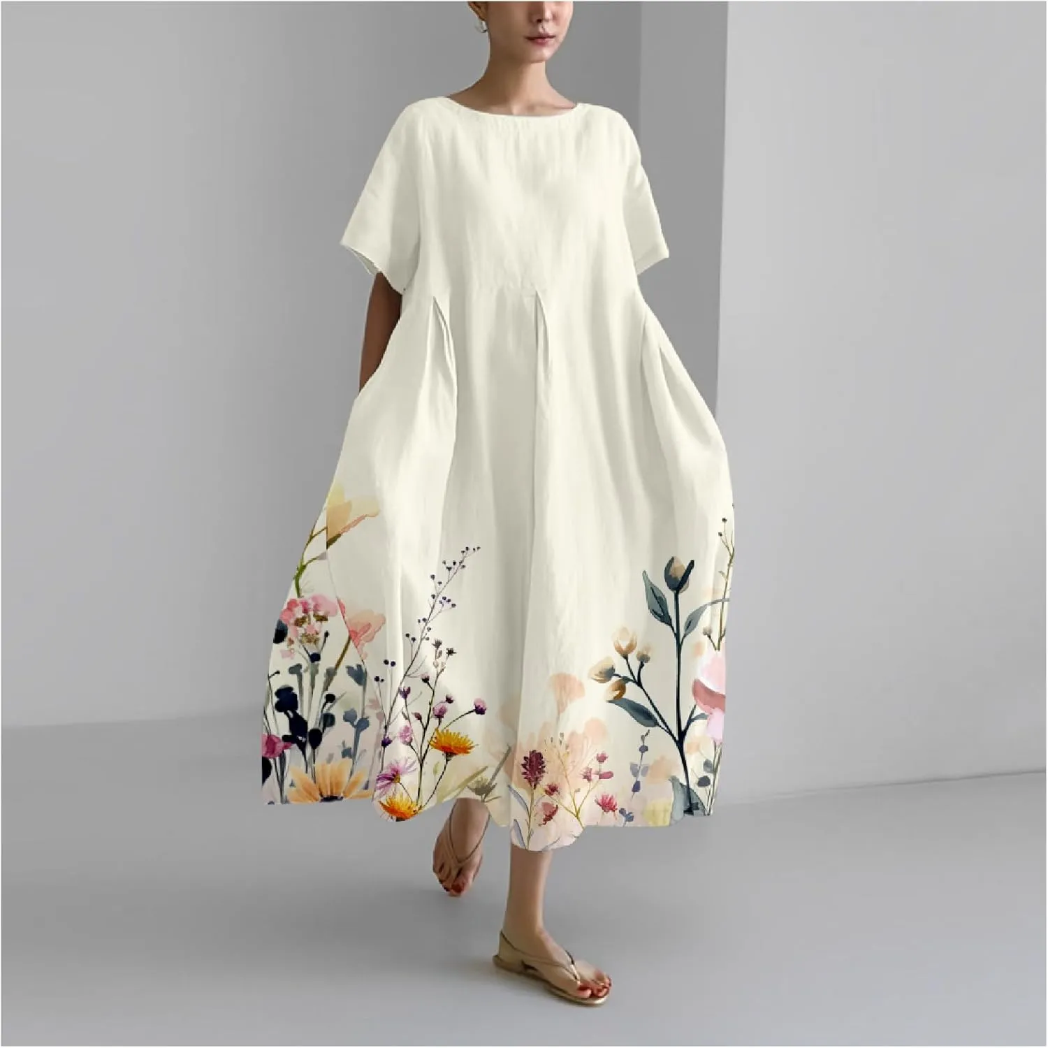 Womens Plus Size Long Dress Boho Print Short Sleeve Maxi Dresses Trendy Casual Loose Long Dress with Pockets