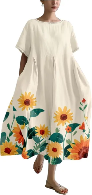 Womens Plus Size Long Dress Boho Print Short Sleeve Maxi Dresses Trendy Casual Loose Long Dress with Pockets