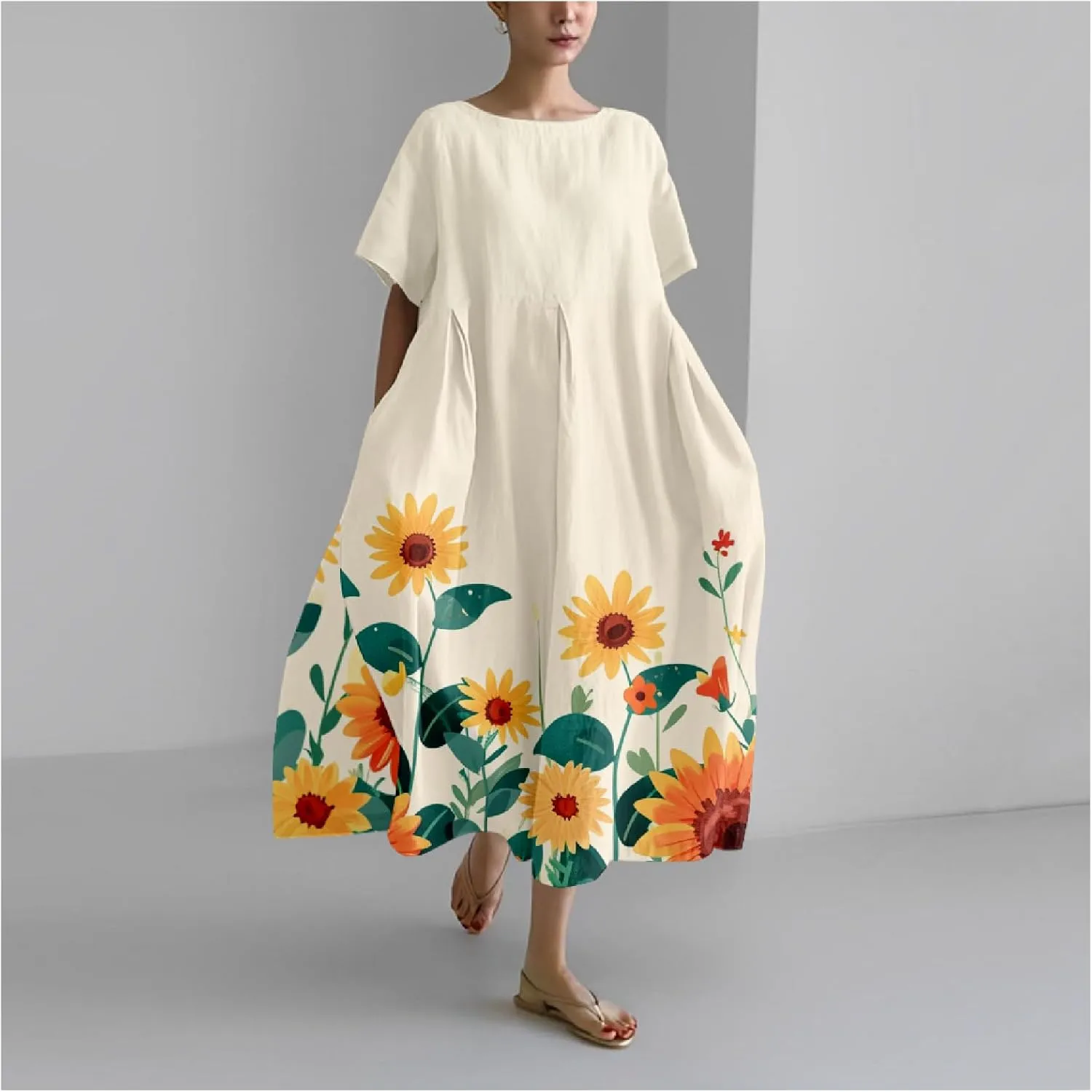 Womens Plus Size Long Dress Boho Print Short Sleeve Maxi Dresses Trendy Casual Loose Long Dress with Pockets