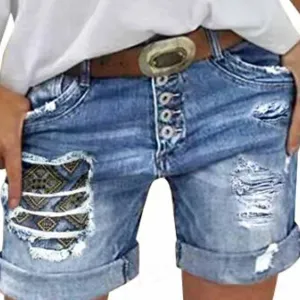 Womens Plus Size Short Jeans Trendy Ripped High Waisted Pockets Button Up Denim Shorts Casual Loose Comfy Streetwear
