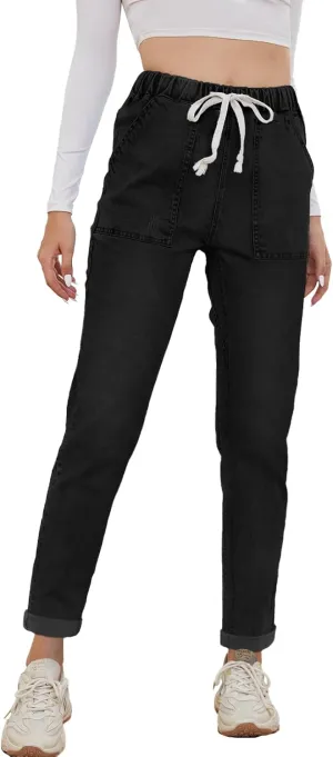 Womens Pull-on Jeans Stretch High Waisted Elastic Waist Jeans for Women Denim Joggers Pants
