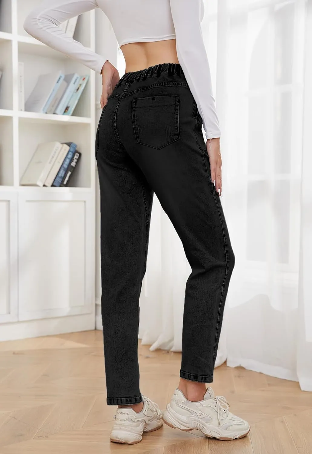 Womens Pull-on Jeans Stretch High Waisted Elastic Waist Jeans for Women Denim Joggers Pants