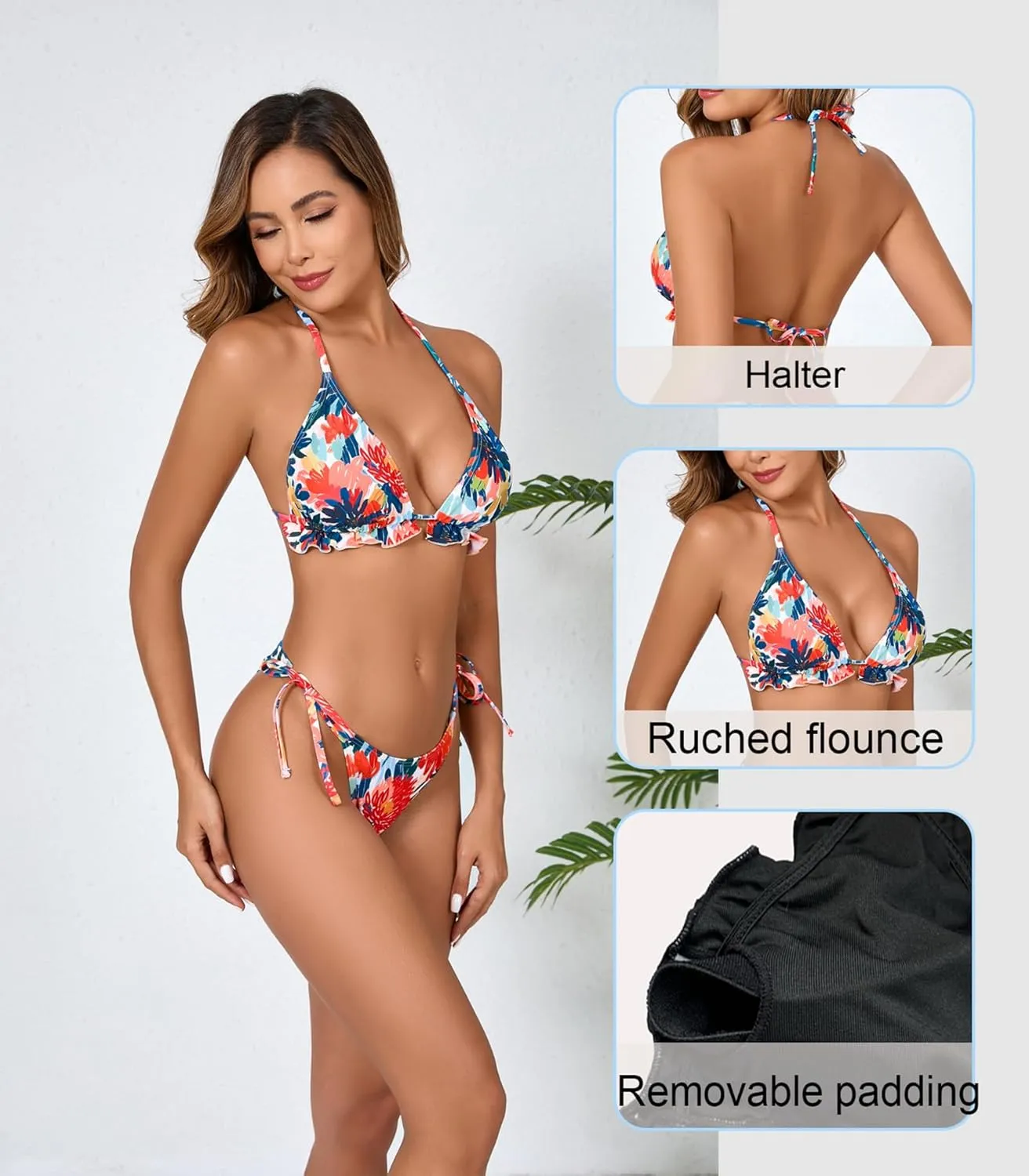 Women's Ruffled Flounce Halter String Triangle Bikini Sets Removable Bra Tie Side Two Piece Sexy Swimsuit
