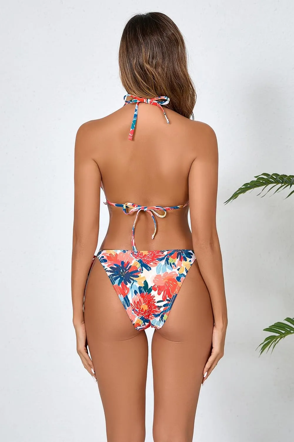 Women's Ruffled Flounce Halter String Triangle Bikini Sets Removable Bra Tie Side Two Piece Sexy Swimsuit