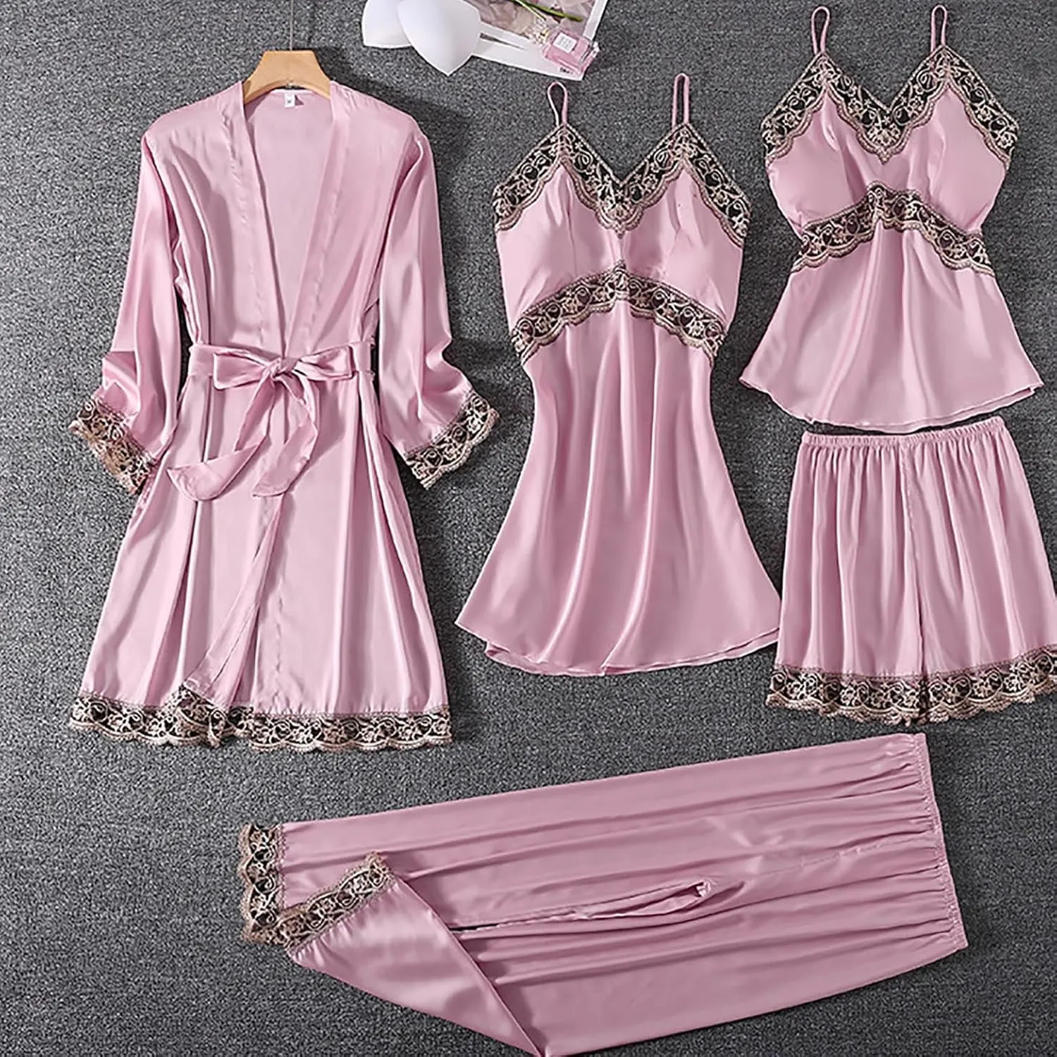 Womens Satin Pajamas 5 Piece Pjs Soft Sleepwear Lace Trim Nightgown Camisole Pants Shorts & Robe Set Nightwear