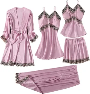 Womens Satin Pajamas 5 Piece Pjs Soft Sleepwear Lace Trim Nightgown Camisole Pants Shorts & Robe Set Nightwear