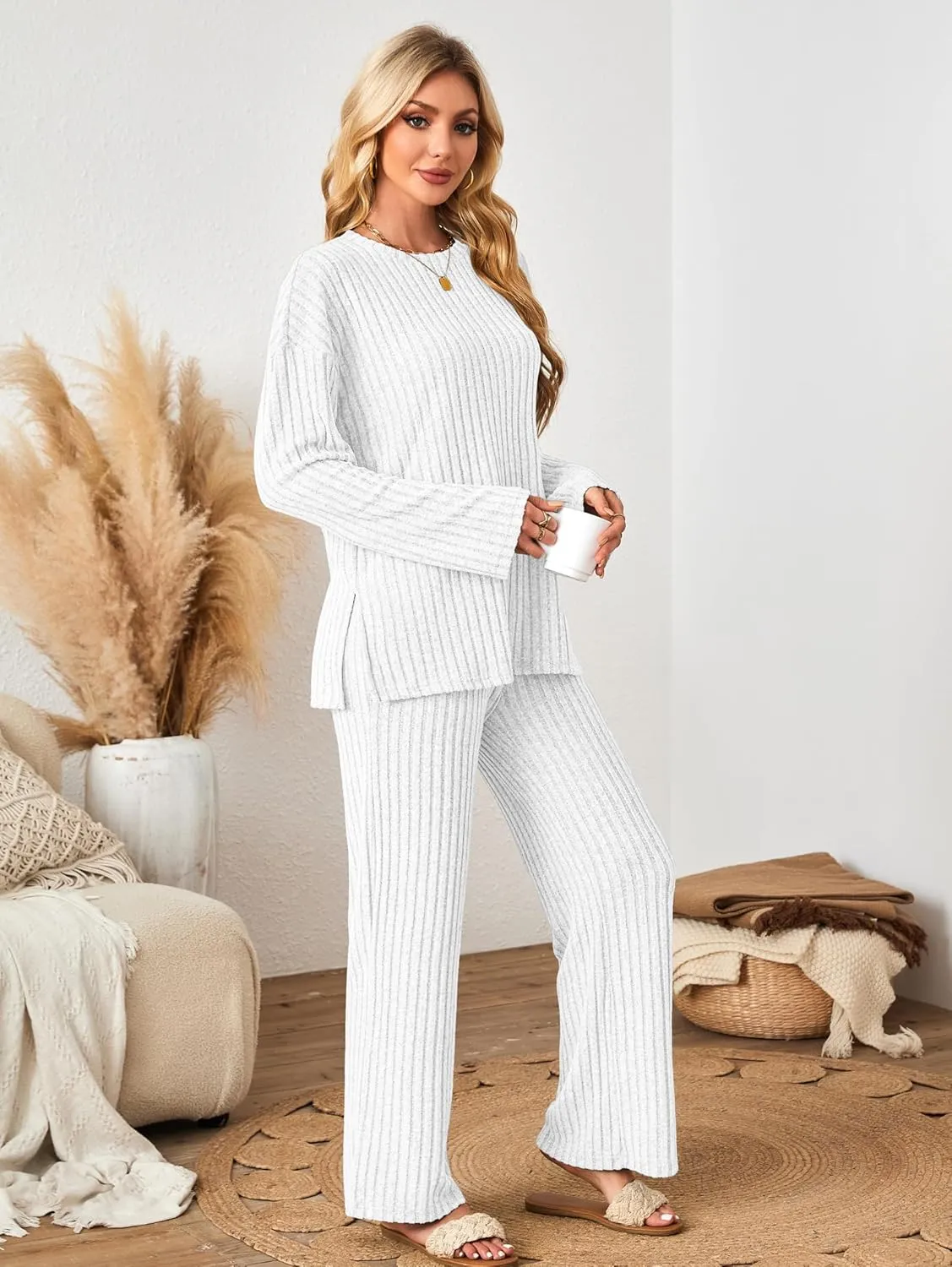 Womens Sets 2 Piece Outfits Matching Lounge Set Cozy Knit Pajamas Oversized Loungewear Fall Winter Clothes S-2XL