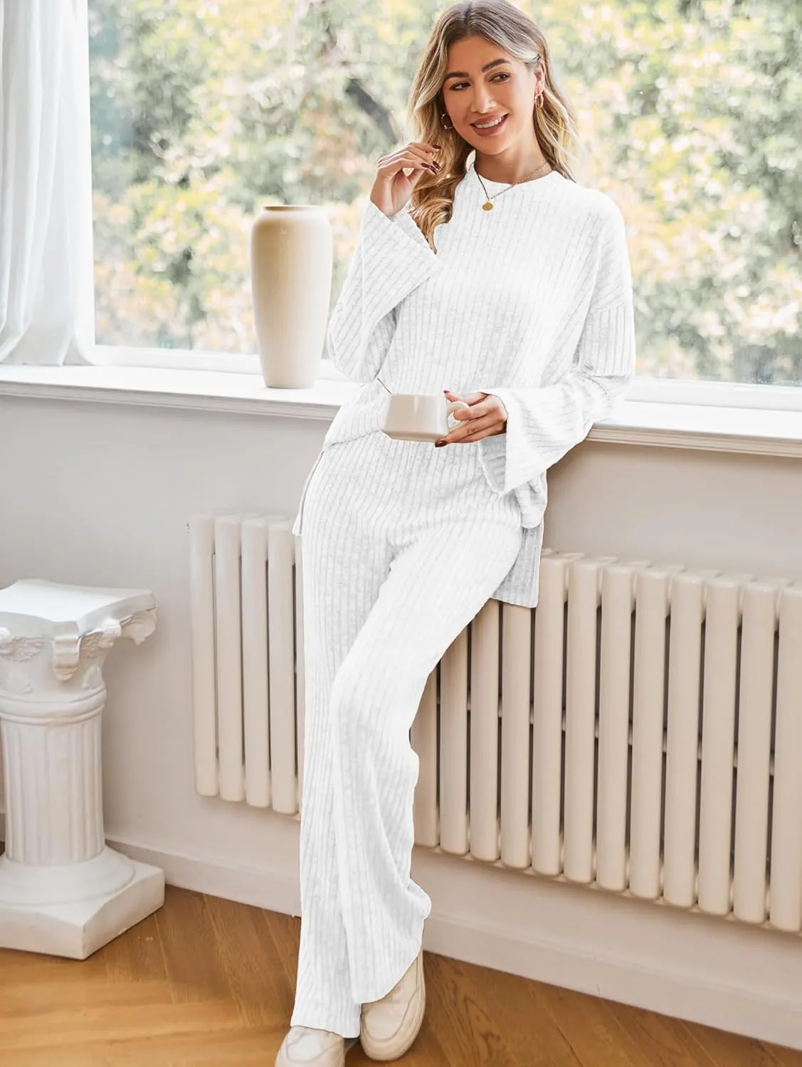 Womens Sets 2 Piece Outfits Matching Lounge Set Cozy Knit Pajamas Oversized Loungewear Fall Winter Clothes S-2XL