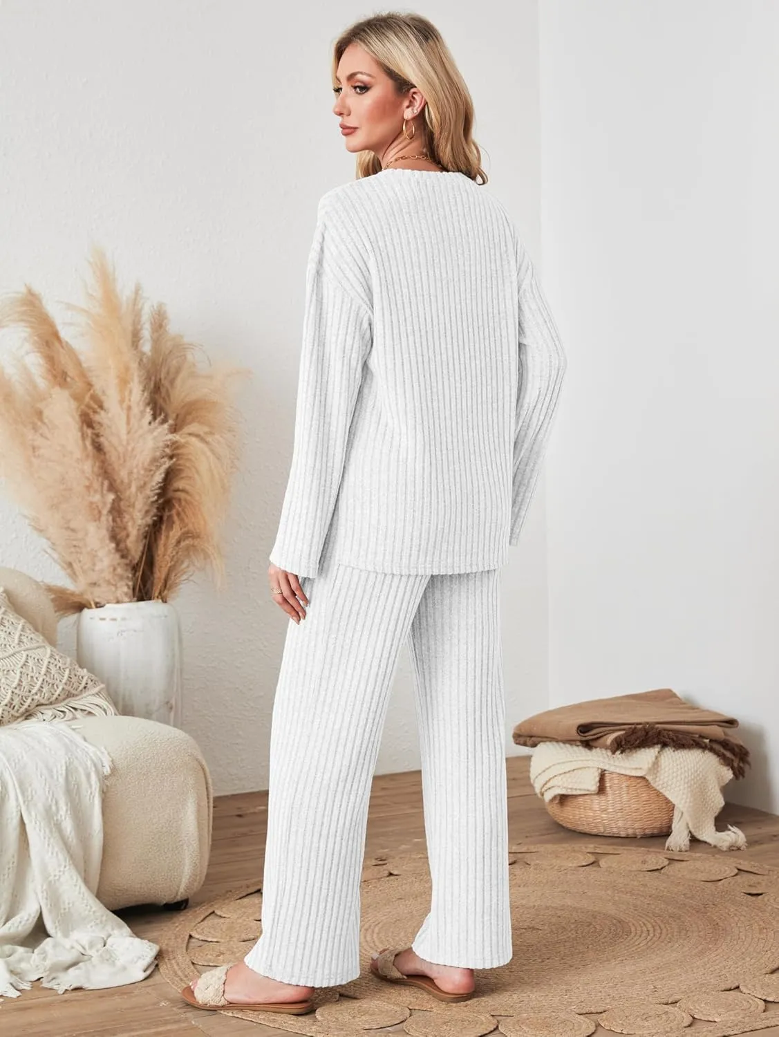 Womens Sets 2 Piece Outfits Matching Lounge Set Cozy Knit Pajamas Oversized Loungewear Fall Winter Clothes S-2XL