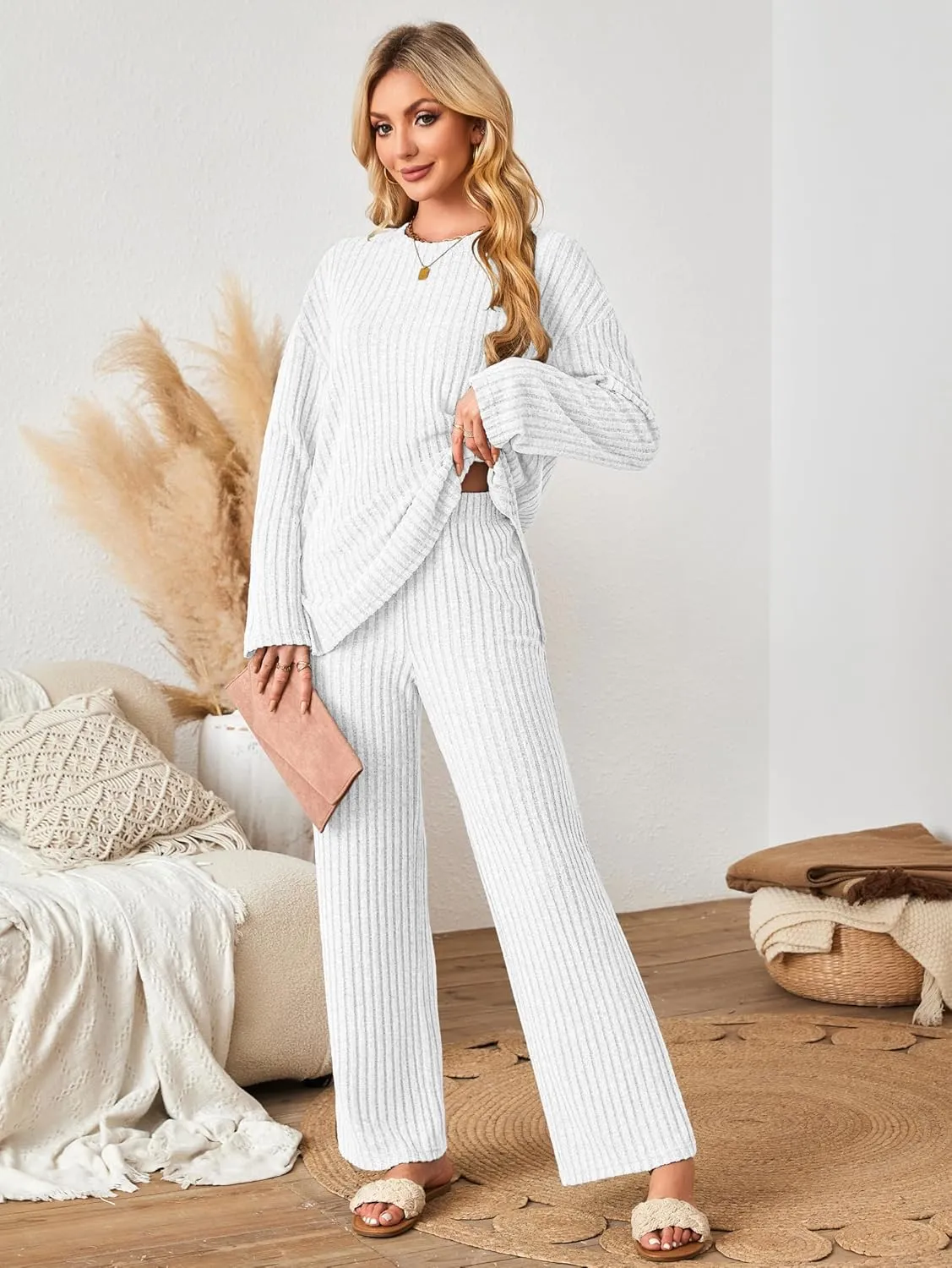 Womens Sets 2 Piece Outfits Matching Lounge Set Cozy Knit Pajamas Oversized Loungewear Fall Winter Clothes S-2XL