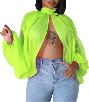 Womens Sexy See-Through Chiffon Sheer Lantern Sleeve Front Back Open Tie High Neck Shawl Party Shirts Blouses Tops