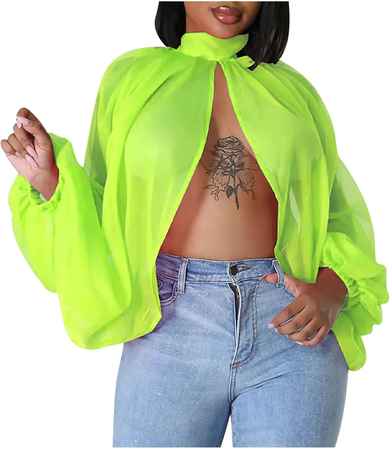 Womens Sexy See-Through Chiffon Sheer Lantern Sleeve Front Back Open Tie High Neck Shawl Party Shirts Blouses Tops