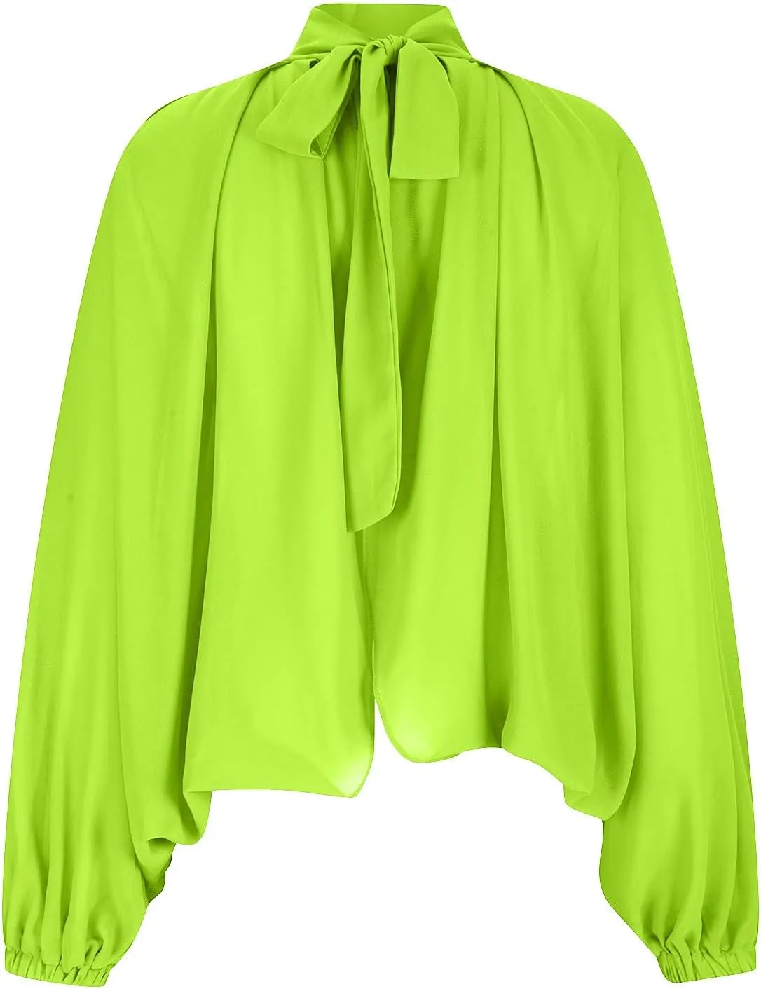 Womens Sexy See-Through Chiffon Sheer Lantern Sleeve Front Back Open Tie High Neck Shawl Party Shirts Blouses Tops