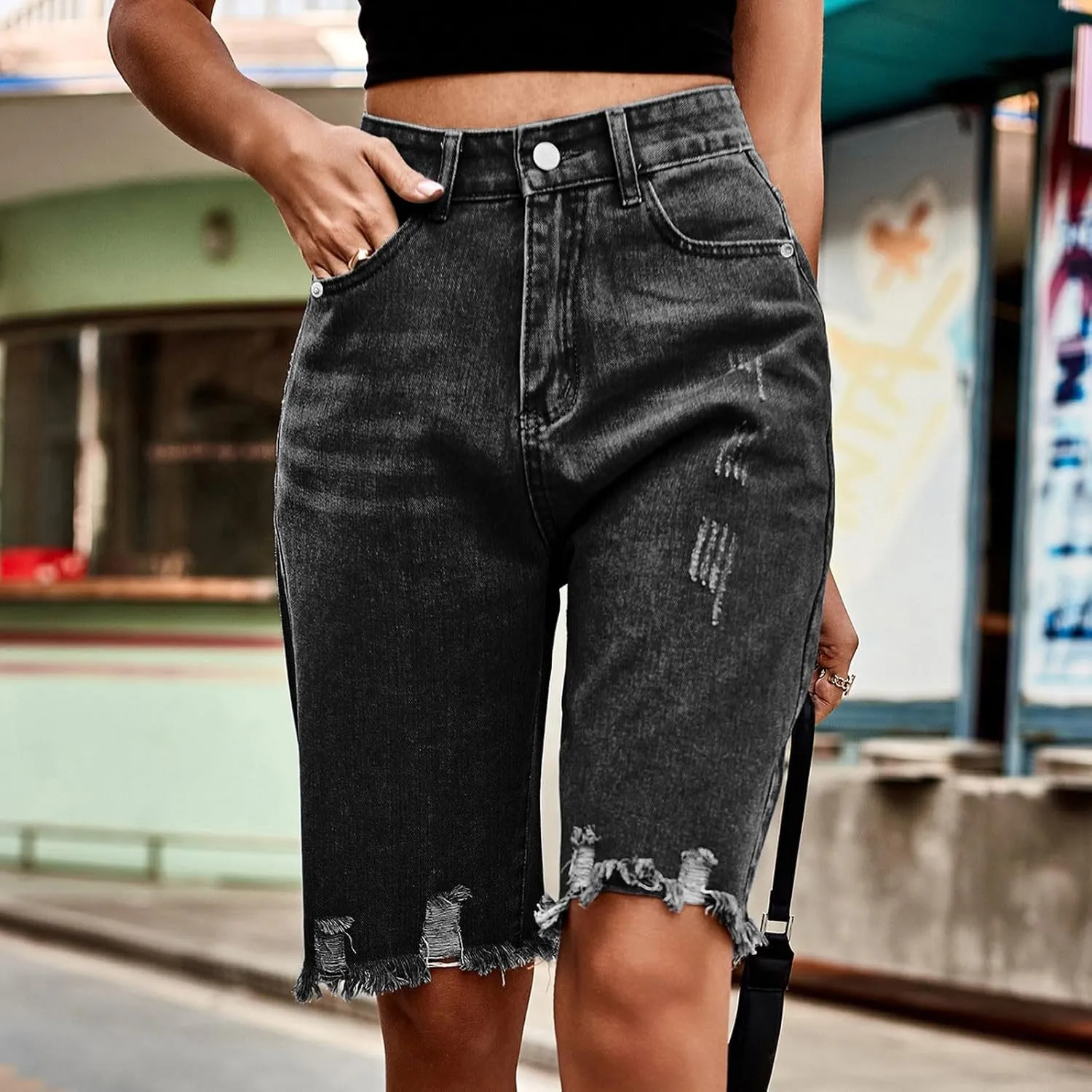 Womens Short Jeans Fashion Fringe Ripped High Waisted Button Knee Length Lounge Casual Denim Shorts with Pockets