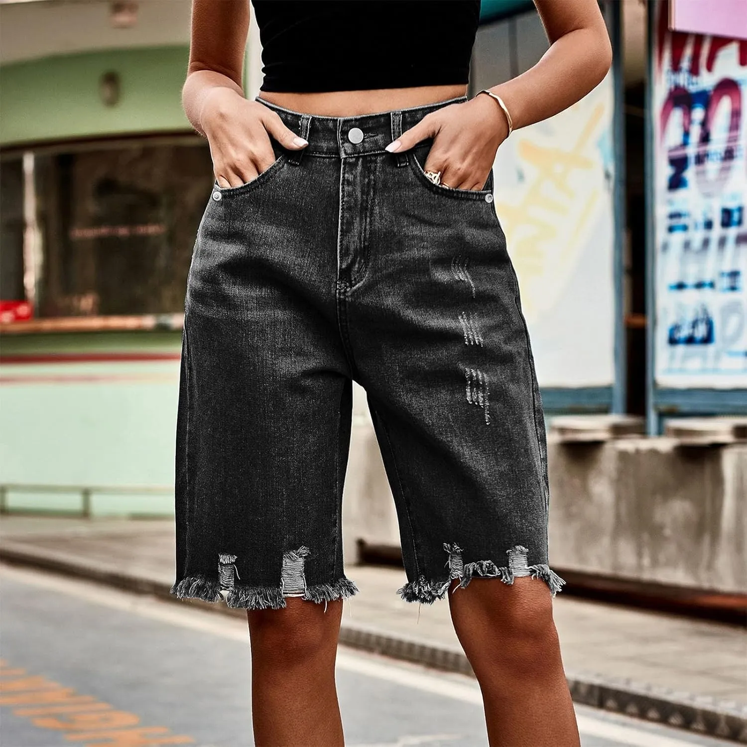 Womens Short Jeans Fashion Fringe Ripped High Waisted Button Knee Length Lounge Casual Denim Shorts with Pockets