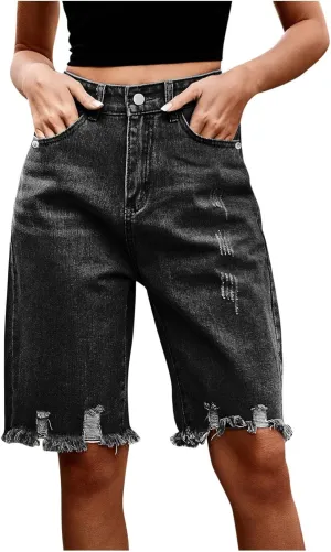Womens Short Jeans Fashion Fringe Ripped High Waisted Button Knee Length Lounge Casual Denim Shorts with Pockets