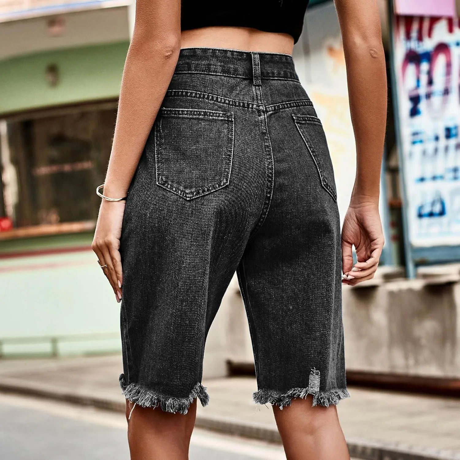 Womens Short Jeans Fashion Fringe Ripped High Waisted Button Knee Length Lounge Casual Denim Shorts with Pockets