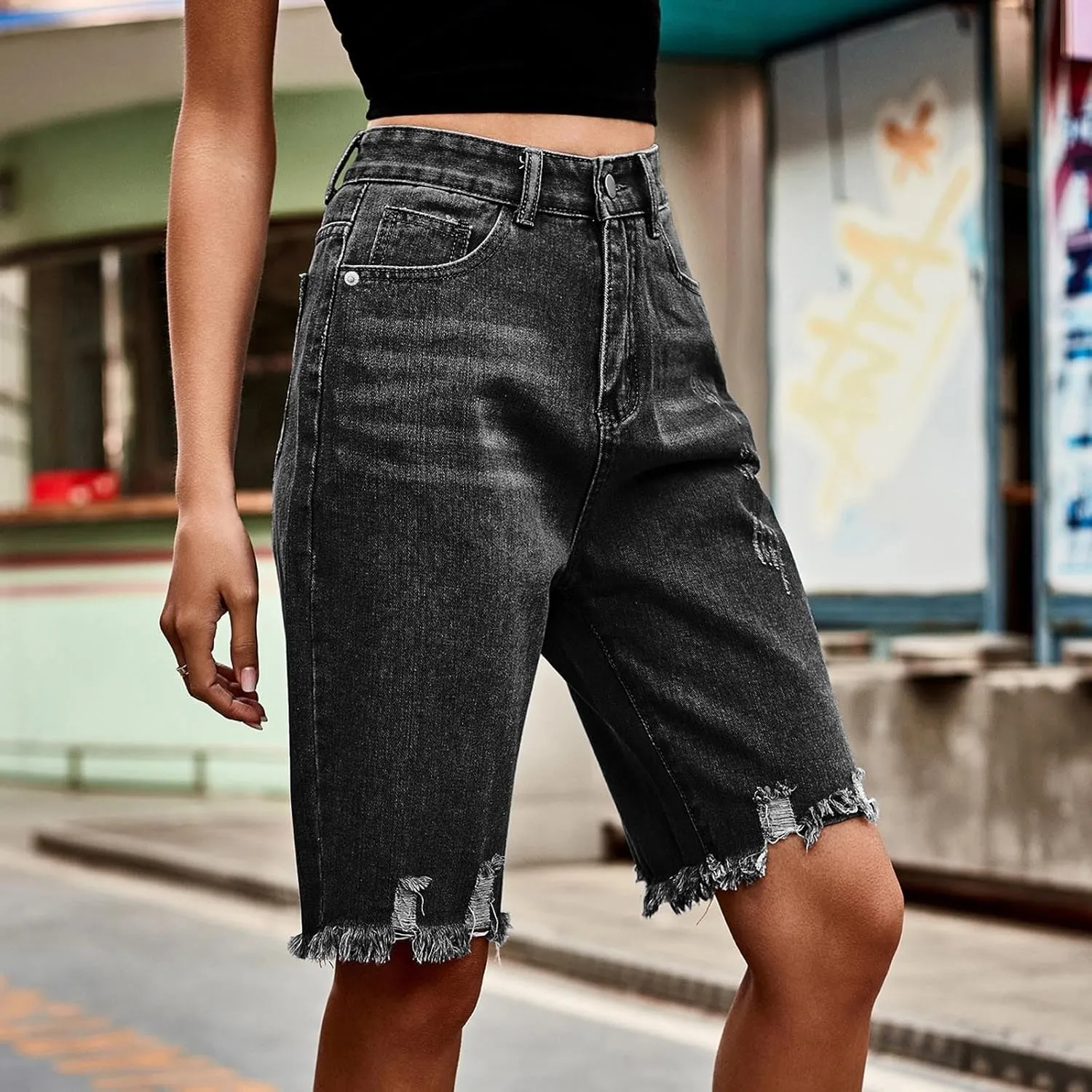 Womens Short Jeans Fashion Fringe Ripped High Waisted Button Knee Length Lounge Casual Denim Shorts with Pockets