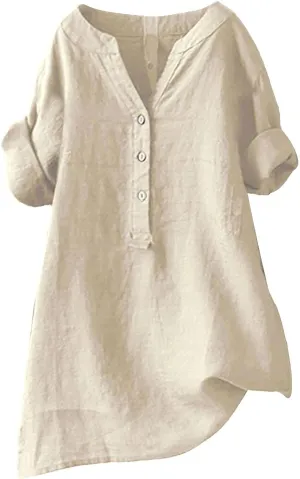Women's Short Sleeve Cotton Linen Shirts Casual Crewneck Oversized T Shirts Solid Loose Summer Tee Top