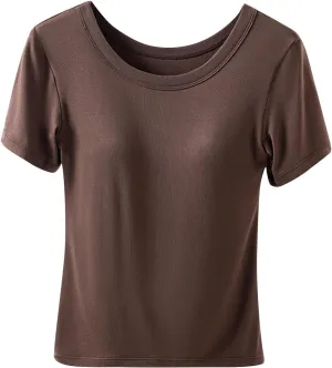 Womens Short Sleeve Tops with Built in Bra Casual Basic Shelf Bras Yoga Shirts Summer Crew Neck Plain Padded Tshirts