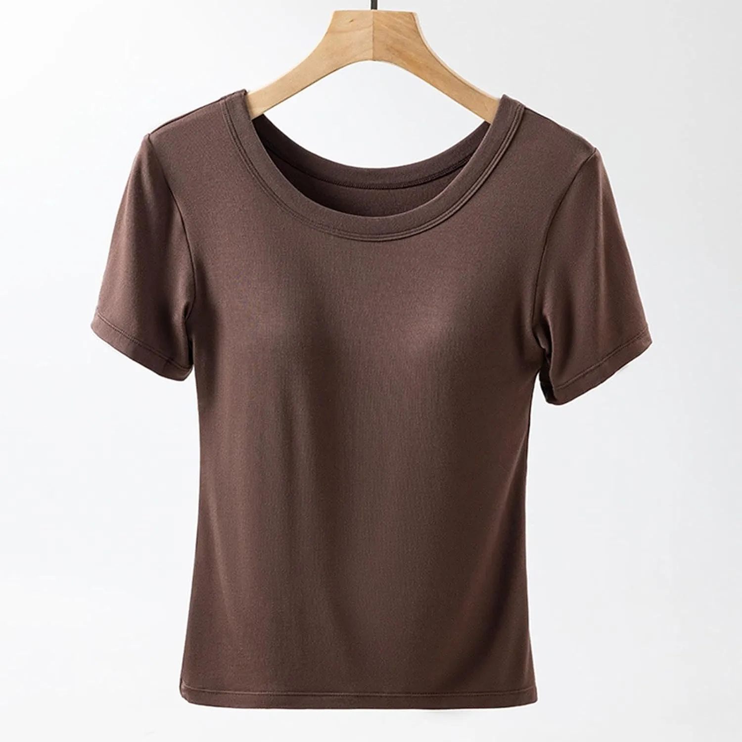Womens Short Sleeve Tops with Built in Bra Casual Basic Shelf Bras Yoga Shirts Summer Crew Neck Plain Padded Tshirts