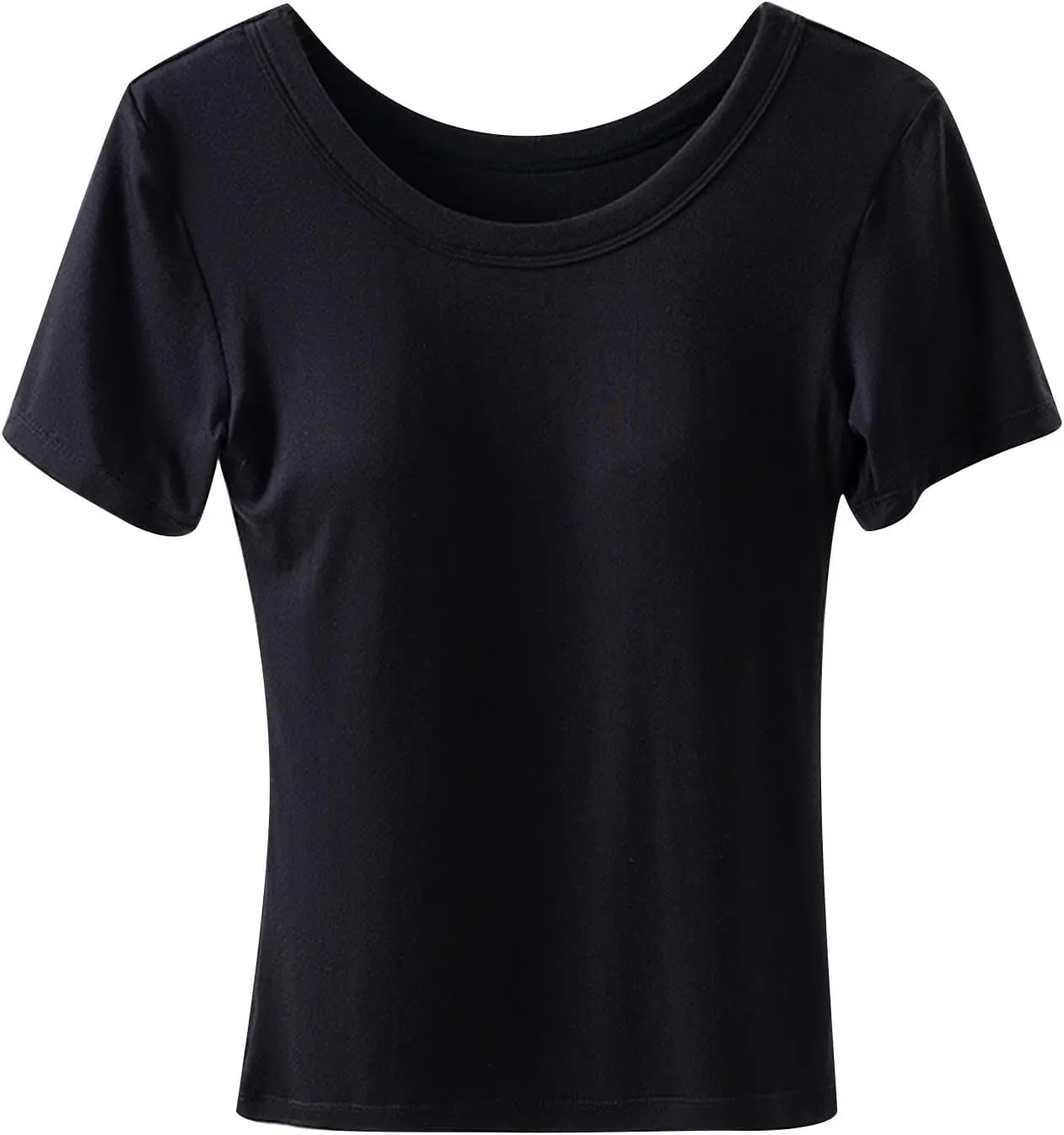 Womens Short Sleeve Tops with Built in Bra Casual Basic Shelf Bras Yoga Shirts Summer Crew Neck Plain Padded Tshirts