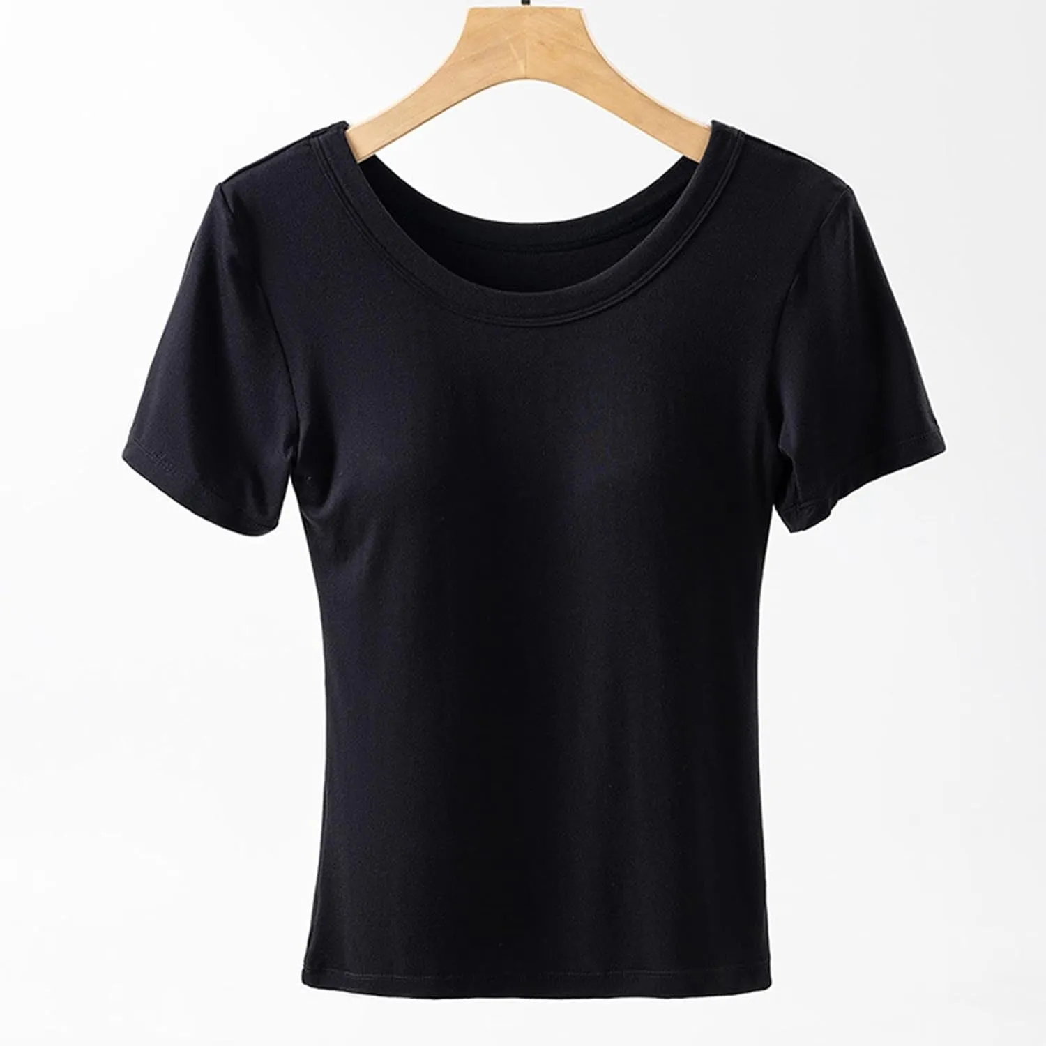 Womens Short Sleeve Tops with Built in Bra Casual Basic Shelf Bras Yoga Shirts Summer Crew Neck Plain Padded Tshirts