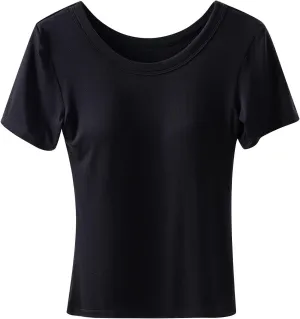 Womens Short Sleeve Tops with Built in Bra Casual Basic Shelf Bras Yoga Shirts Summer Crew Neck Plain Padded Tshirts