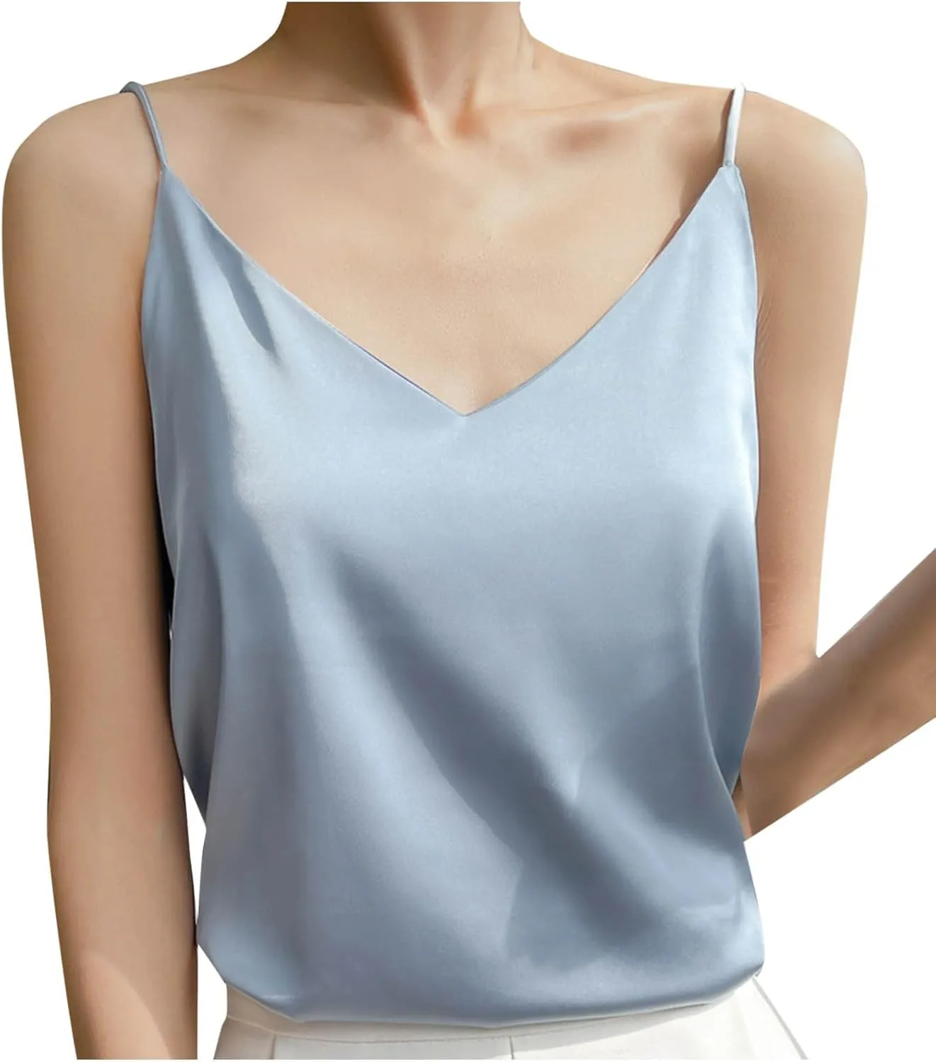 Womens Silk Satin Cami Tops Summer Cute Spaghetti Strap Camisole Sleeveless V Neck Basic Crop Tank Shirt Loungewear