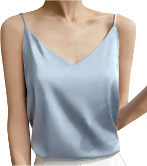 Womens Silk Satin Cami Tops Summer Cute Spaghetti Strap Camisole Sleeveless V Neck Basic Crop Tank Shirt Loungewear