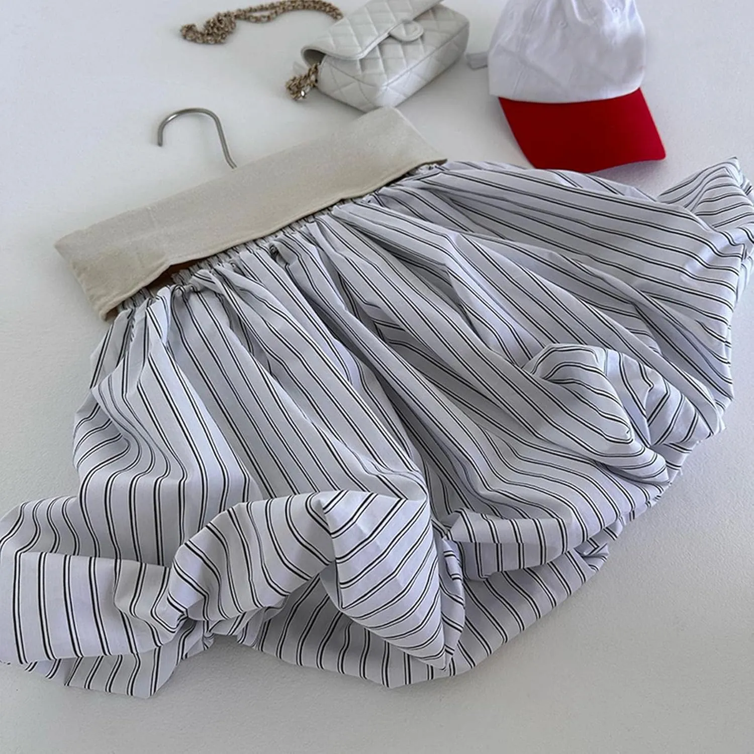 Women's Striped Bubble Mini Skirt Y2k High Waist Pleated Short Skirts Puffy A Line Balloon Skirts Party Clubwear