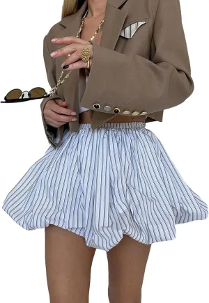 Women's Striped Bubble Mini Skirt Y2k High Waist Pleated Short Skirts Puffy A Line Balloon Skirts Party Clubwear