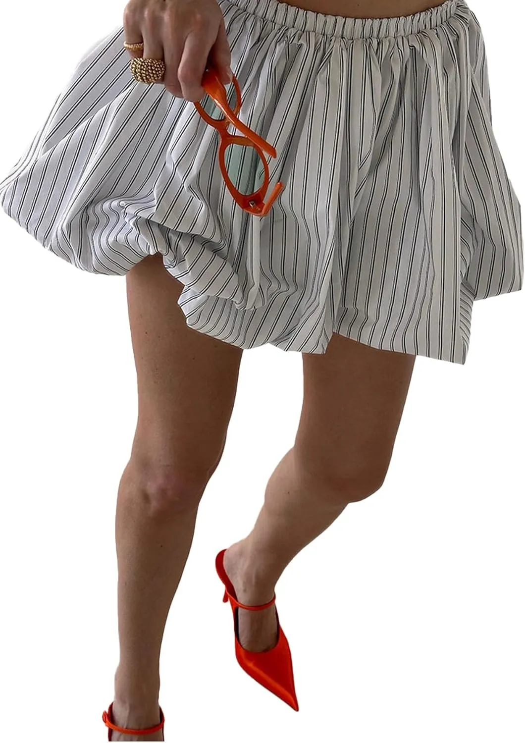 Women's Striped Bubble Mini Skirt Y2k High Waist Pleated Short Skirts Puffy A Line Balloon Skirts Party Clubwear