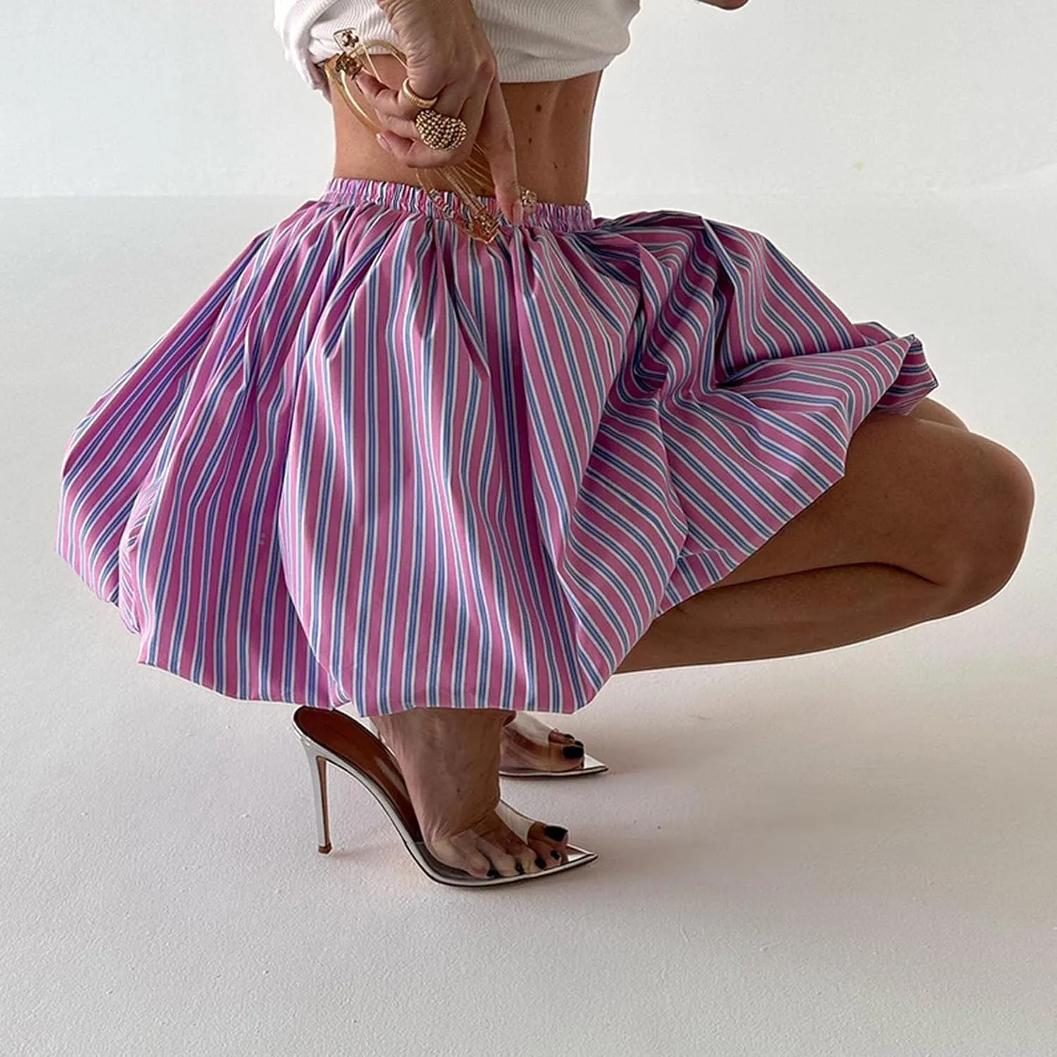 Women's Striped Bubble Mini Skirt Y2k High Waist Pleated Short Skirts Puffy A Line Balloon Skirts Party Clubwear