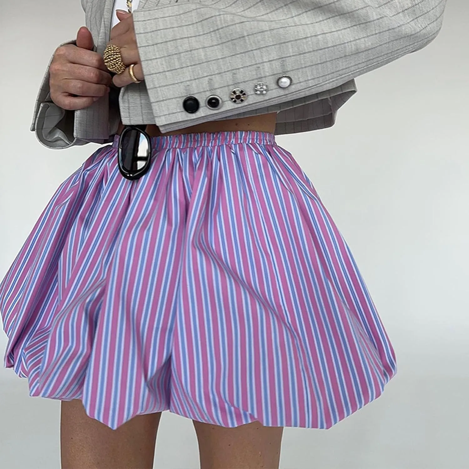 Women's Striped Bubble Mini Skirt Y2k High Waist Pleated Short Skirts Puffy A Line Balloon Skirts Party Clubwear
