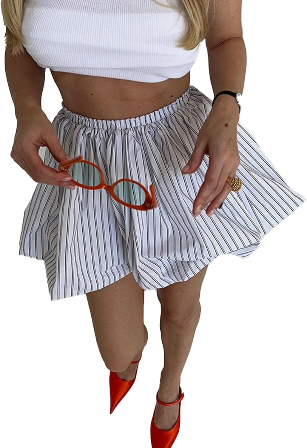 Women's Striped Bubble Mini Skirt Y2k High Waist Pleated Short Skirts Puffy A Line Balloon Skirts Party Clubwear