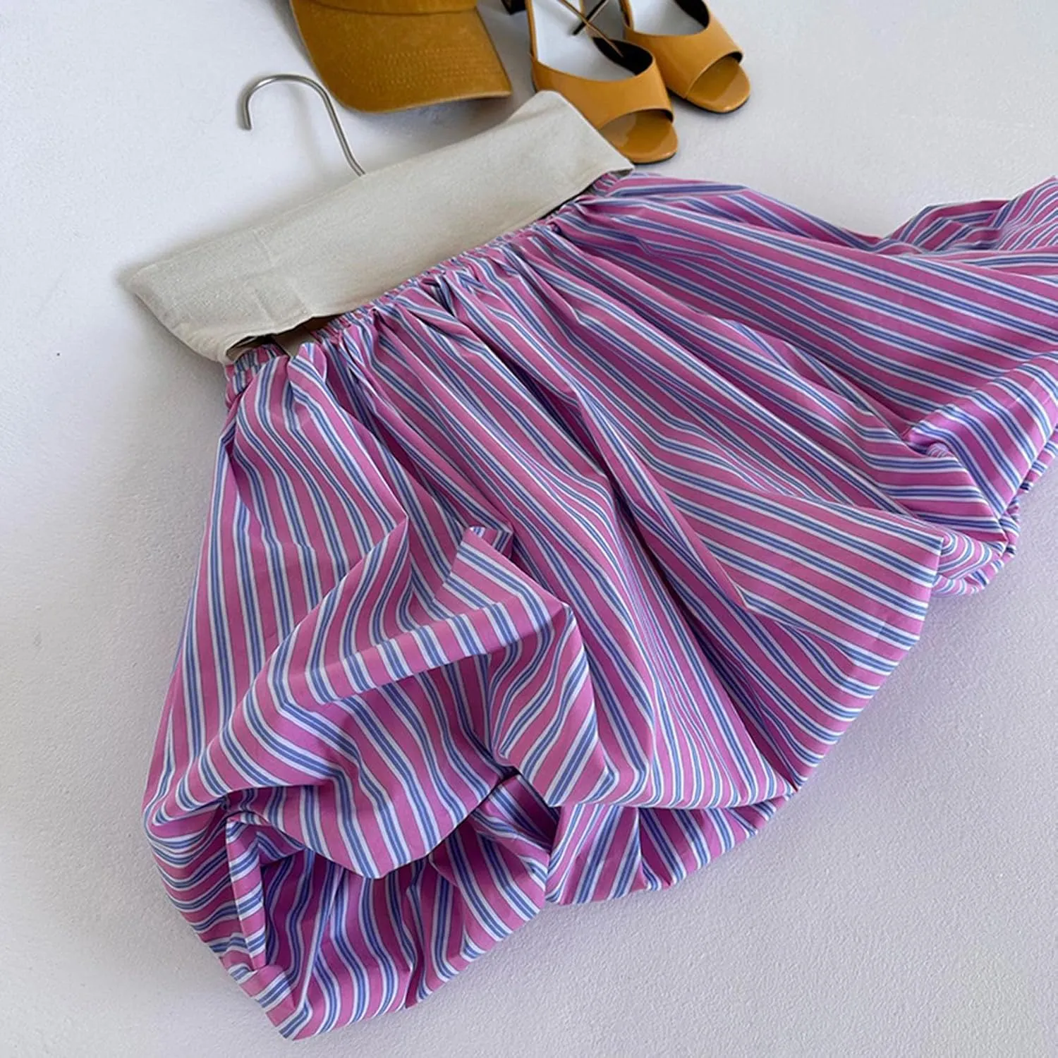Women's Striped Bubble Mini Skirt Y2k High Waist Pleated Short Skirts Puffy A Line Balloon Skirts Party Clubwear