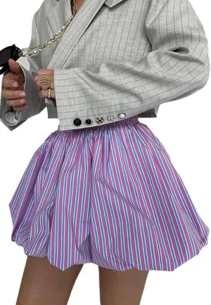 Women's Striped Bubble Mini Skirt Y2k High Waist Pleated Short Skirts Puffy A Line Balloon Skirts Party Clubwear