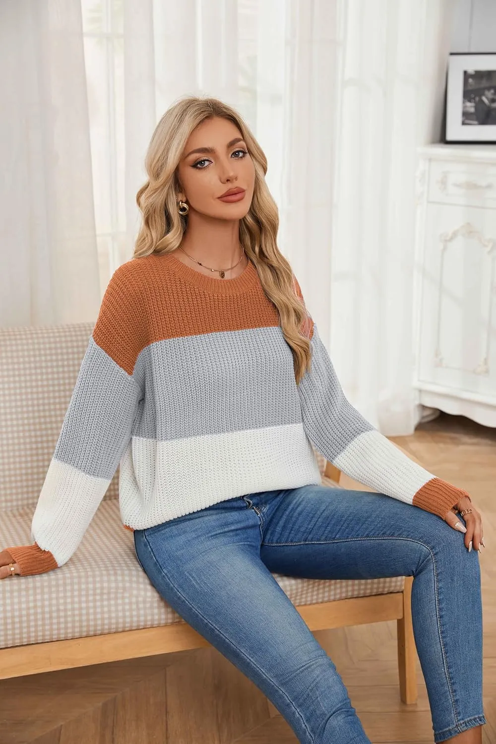 Women's Striped Color Block Sweater Long Sleeve Crewneck Casual Loose Fit Soft Knit Sweater Pullover Tops